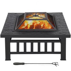 Yaheetech Brasero Extérieur 3 en 1 Carrée Multifonctionnelle 81x81x50cm pour Terrasse Balcon Poêles à Bois avec Couverture en Maille Poker Noir