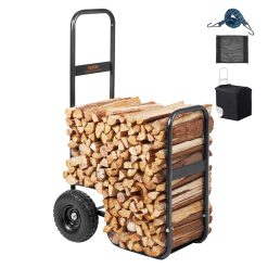 VEVOR Chariot Transport Bois de Chauffage Charge 113,4 kg Chariot de Bûches de Bois Acier 67x52x110 cm Range Bûche Intérieur avec Roues PU Housse Imperméable Porte Bûche Extérieur pour Cheminée, Noir